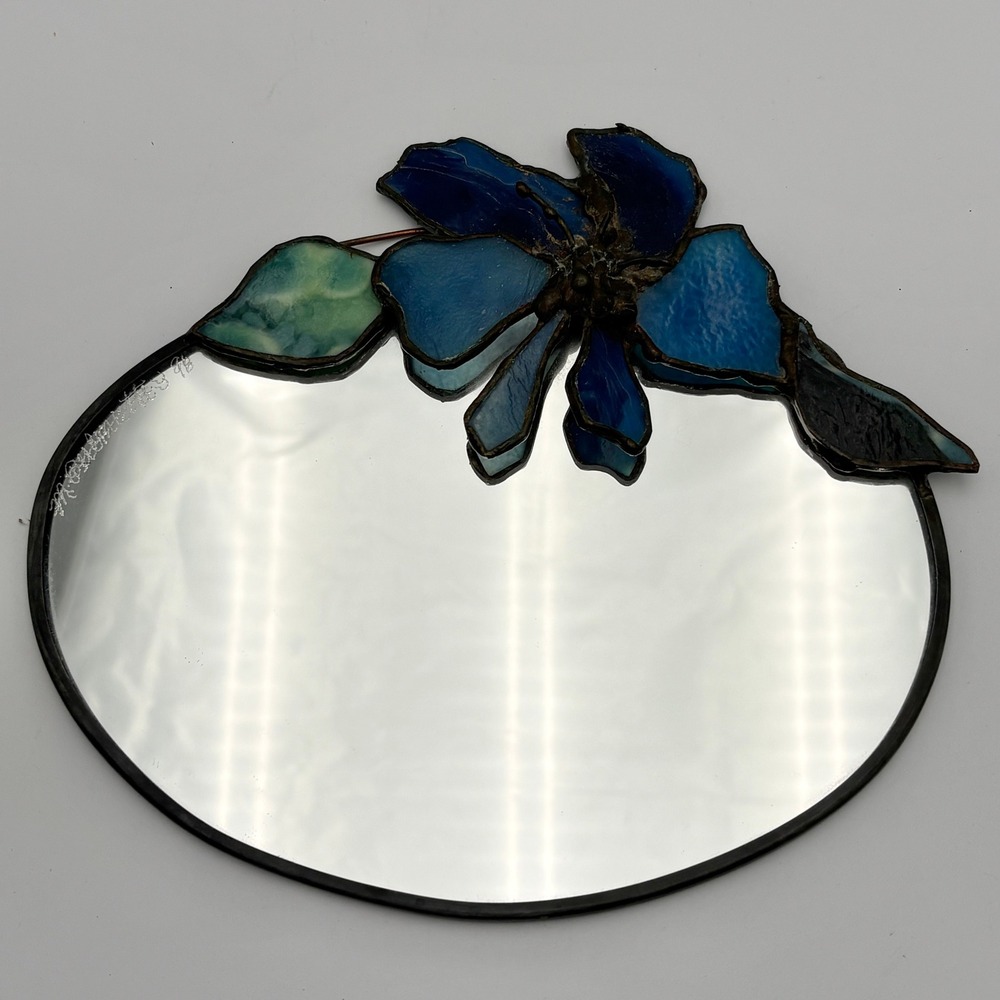 Vintage Handmade Stained Glass Mirror Blue Floral Signed Wall Decor 8x7 1996
